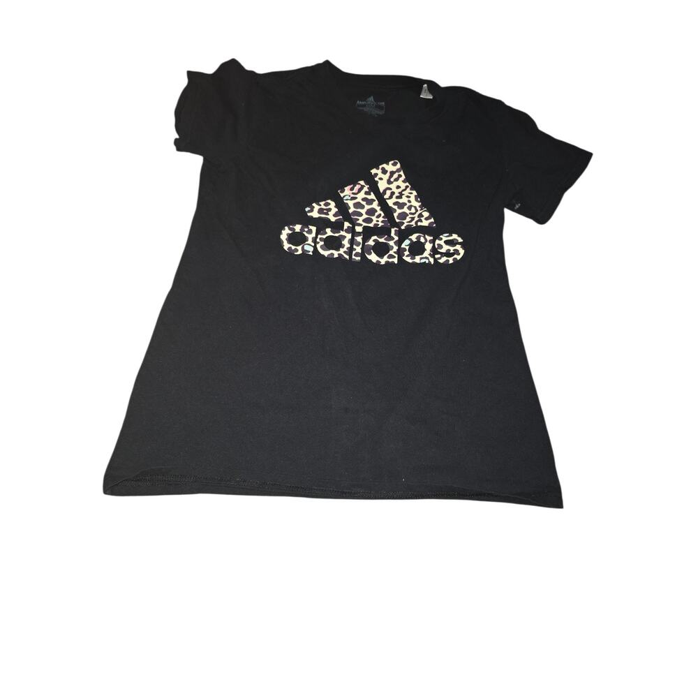 Adidas Women's Black Logo Leopard Print Short Sleeve Amplifier Tee Size Medium
